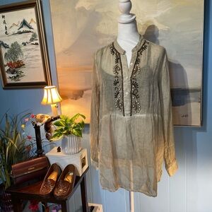 Embroidered Button-Up Long Sleeve Top - Beige